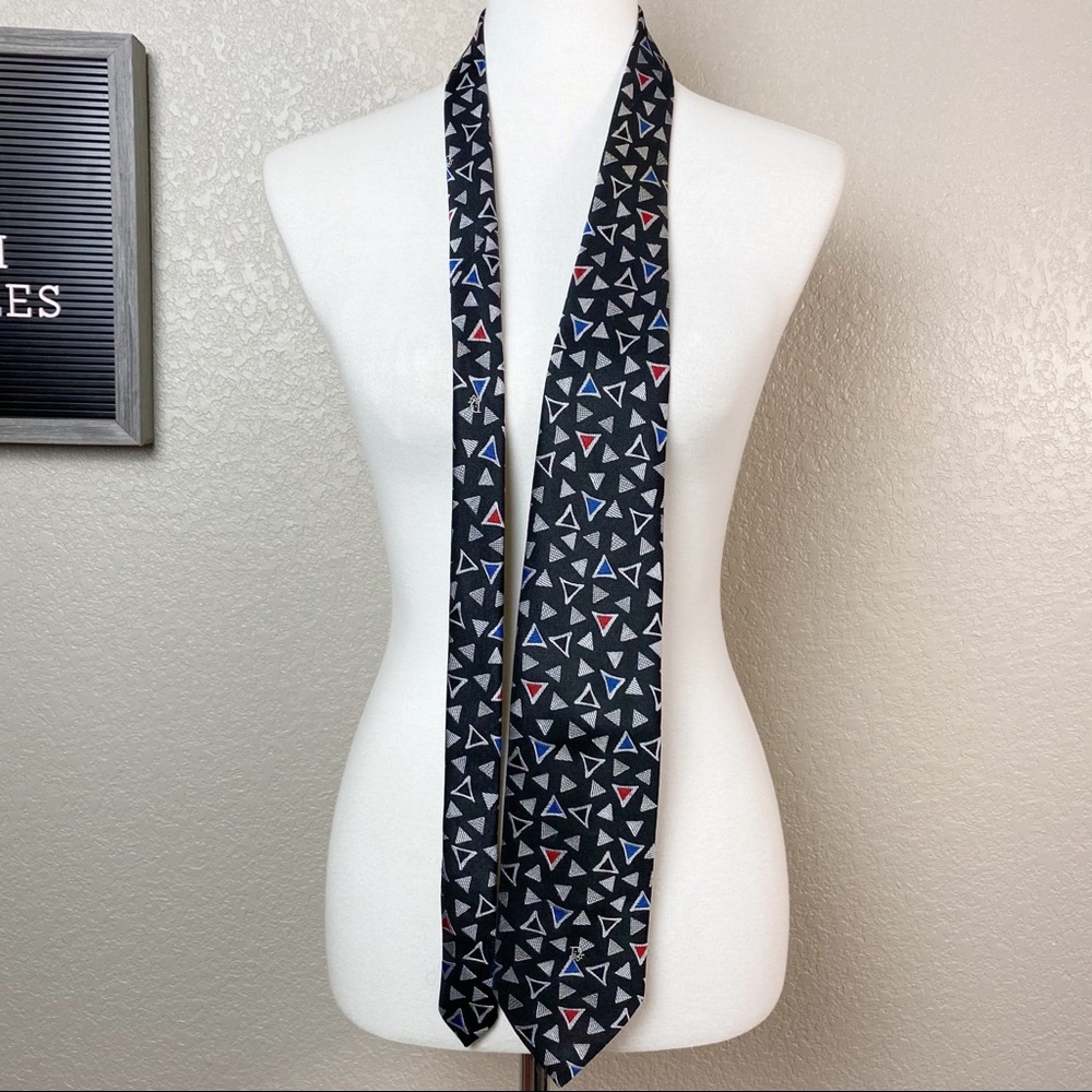 Vintage Christian Dior Black Geometric Print Red Blue Triangle Tie